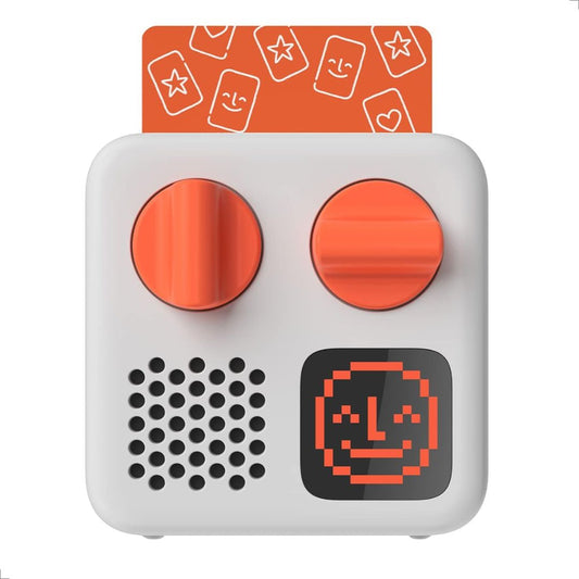 White screen free kids audio player device with orange buttons and a pixelated face on an orange card with star patterns