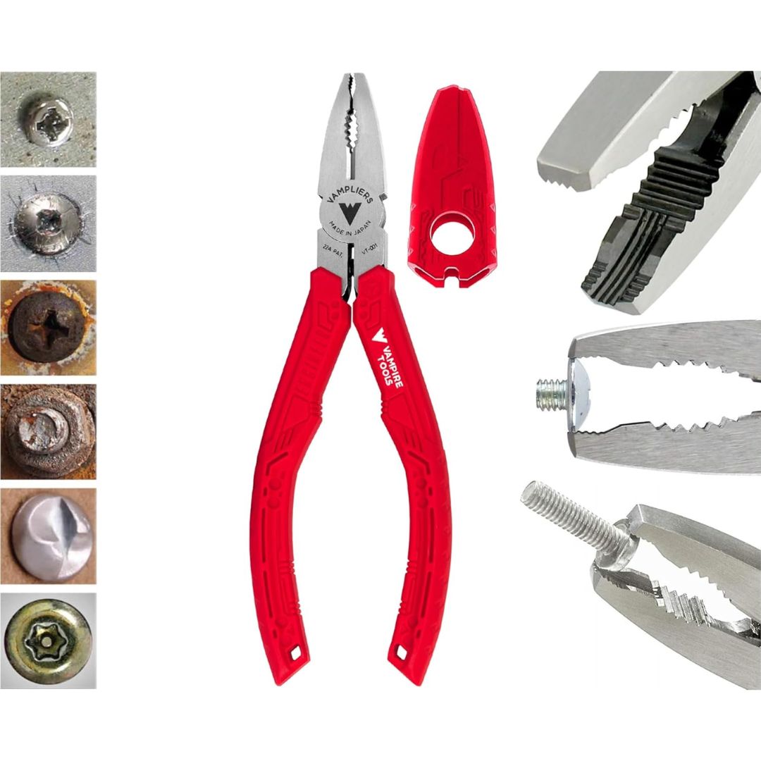 Red and silver needle-nose pliers shown on a white background, with a small inset of a red cap, close-up views of the jaws, and six small screw-head examples on the left.