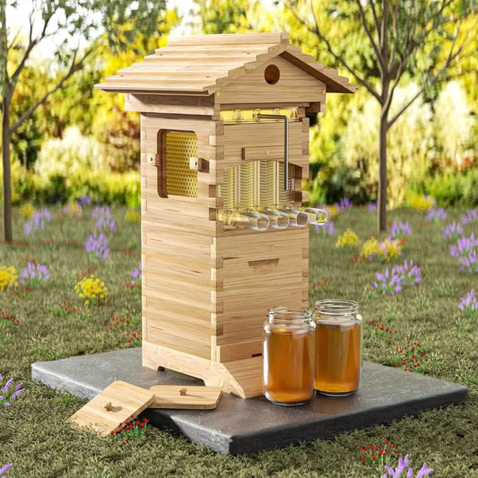 Wooden automatic Flow Hive beehive outdoors with self-harvesting honey taps and two jars of fresh honey