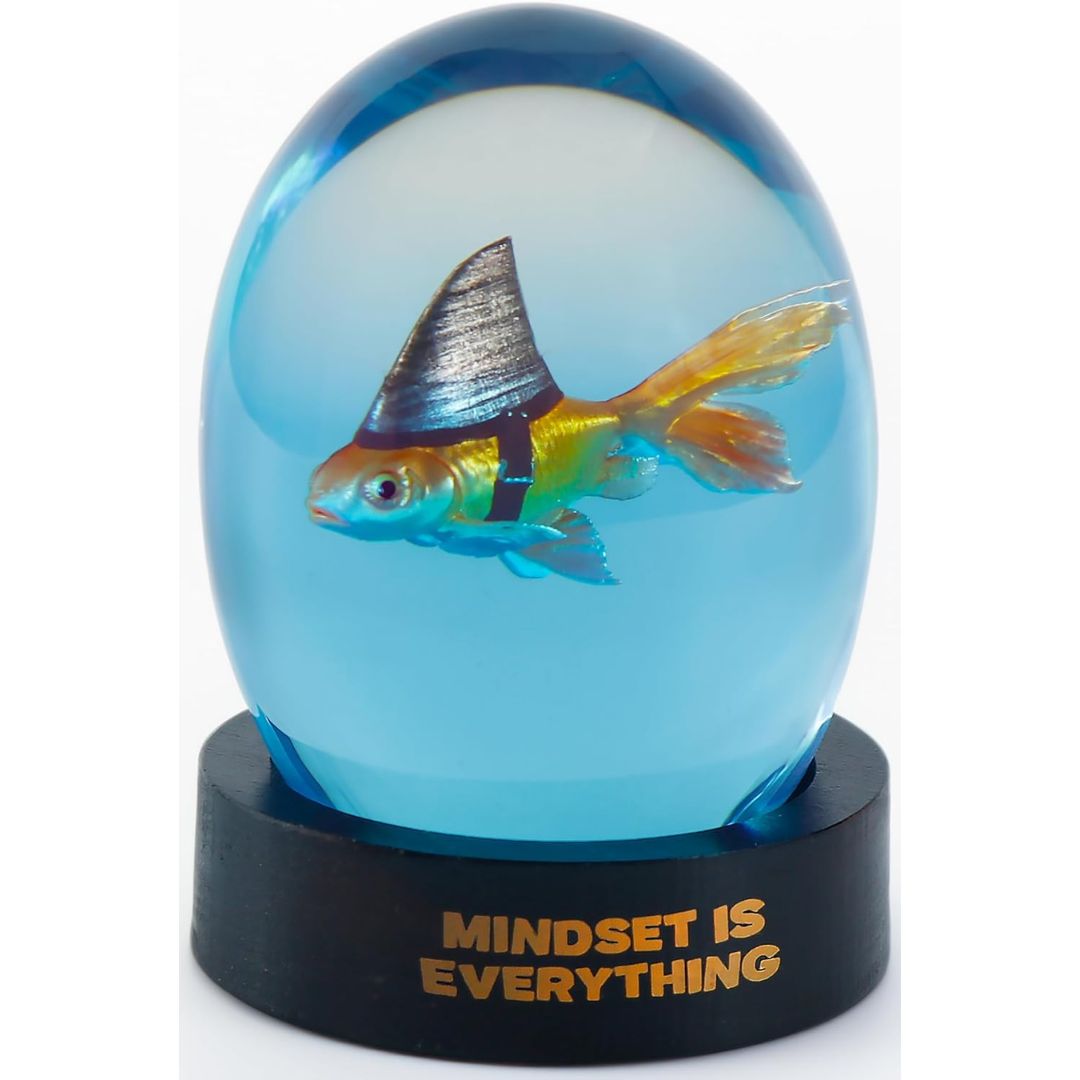 A funny paperweight with a goldfish wearing a shark's fin in a blue globe with text printed on the globe reading, 'Mindset is Everything' on a white background