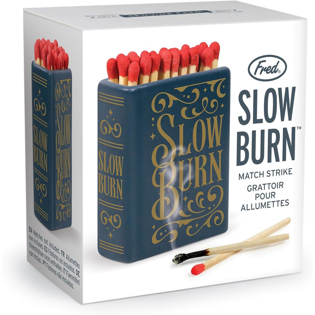 Box packaging for a ceramic match-stick holder with 'Slow Burn' text on a white background