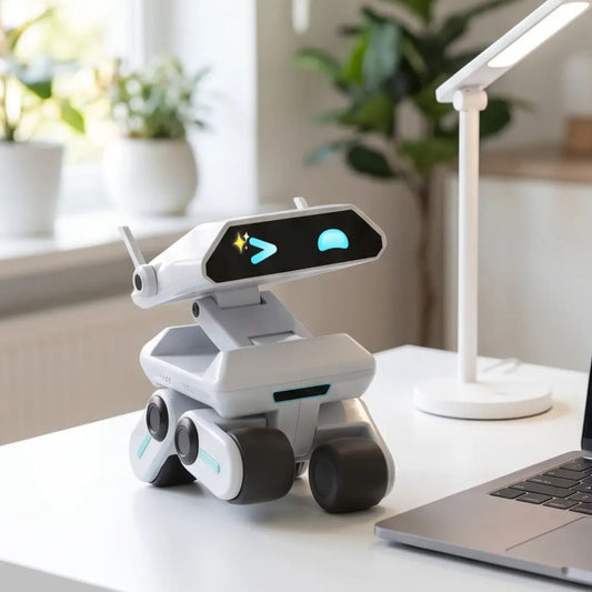 White smart AI robot powered by ChatGPT  on a desk with a laptop and plants in the background