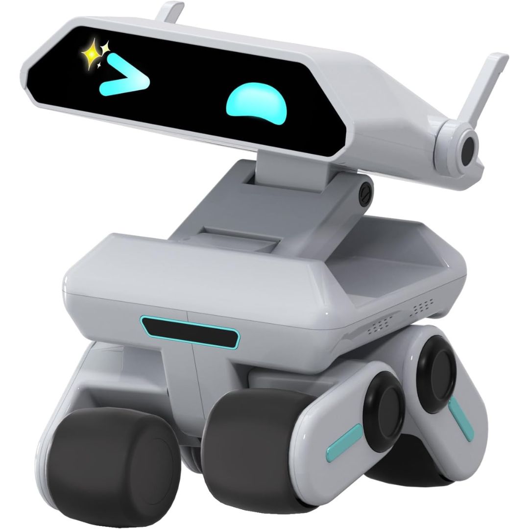 White smart AI robot powered by ChatGPT with a screen and wheels on a white background