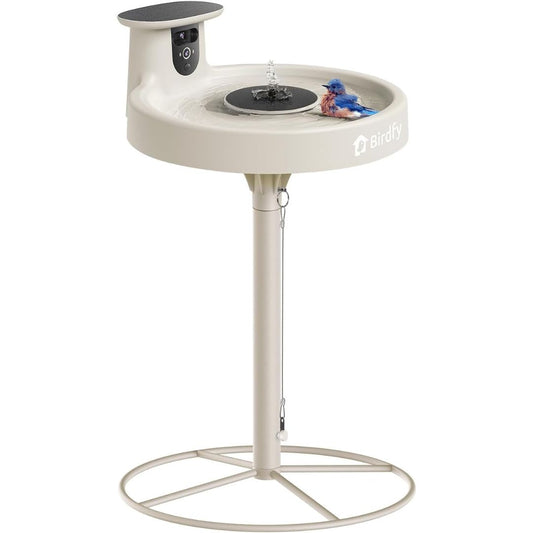 Smart bird bath with built-in camera, solar panel and water fountain on a freestanding pedestal