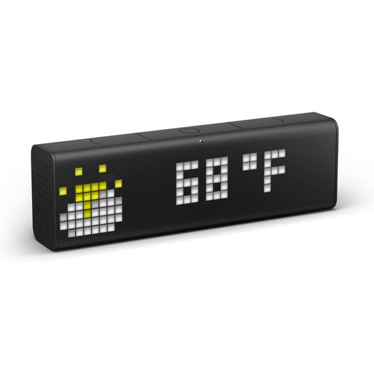 A black rectangular smart pixel clock and weather display station showing 60 degrees Fahrenheit and a pixelated sun icon, set against a plain white background.