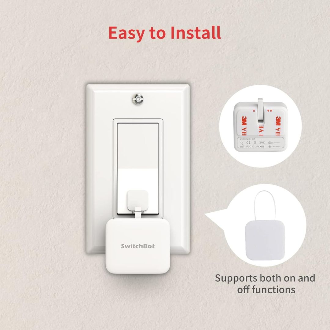 SwitchBot button pusher device attached to a wall switch with text indicating ease of installation and function support.