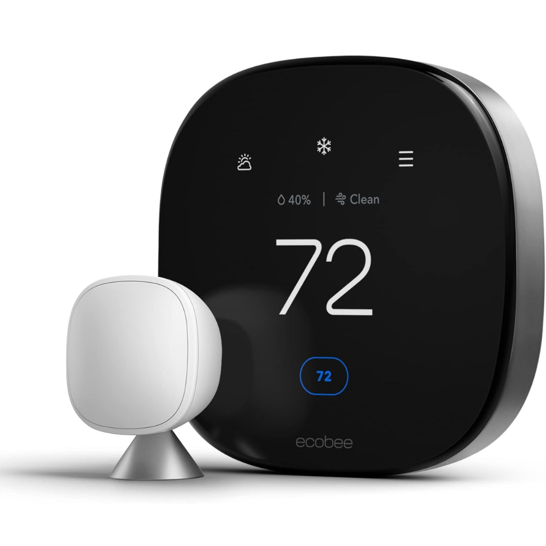 A black ecobee Smart Thermostat displays 72°F, 40% humidity, and "Clean" air quality, with a white sensor on a stand beside it.