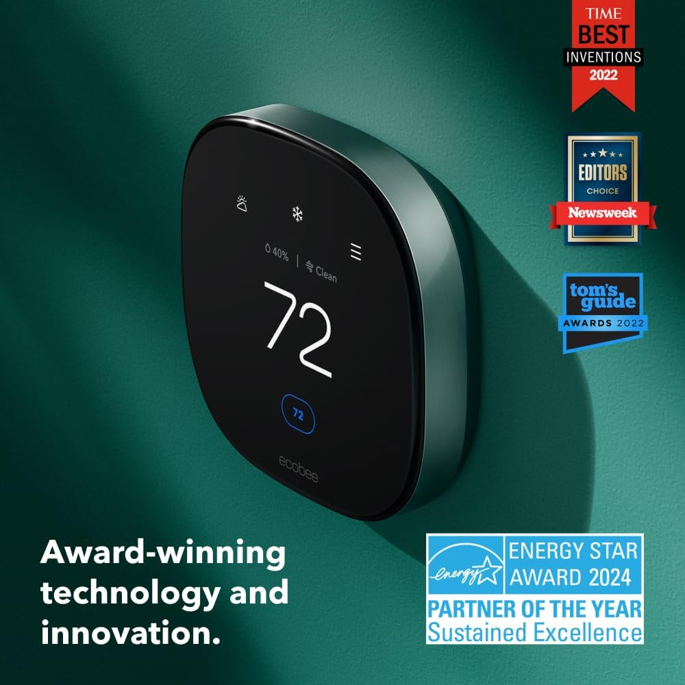 A black ecobee Smart Thermostat displays 72°F, with a caption that says "Award-winning technology and innovation"