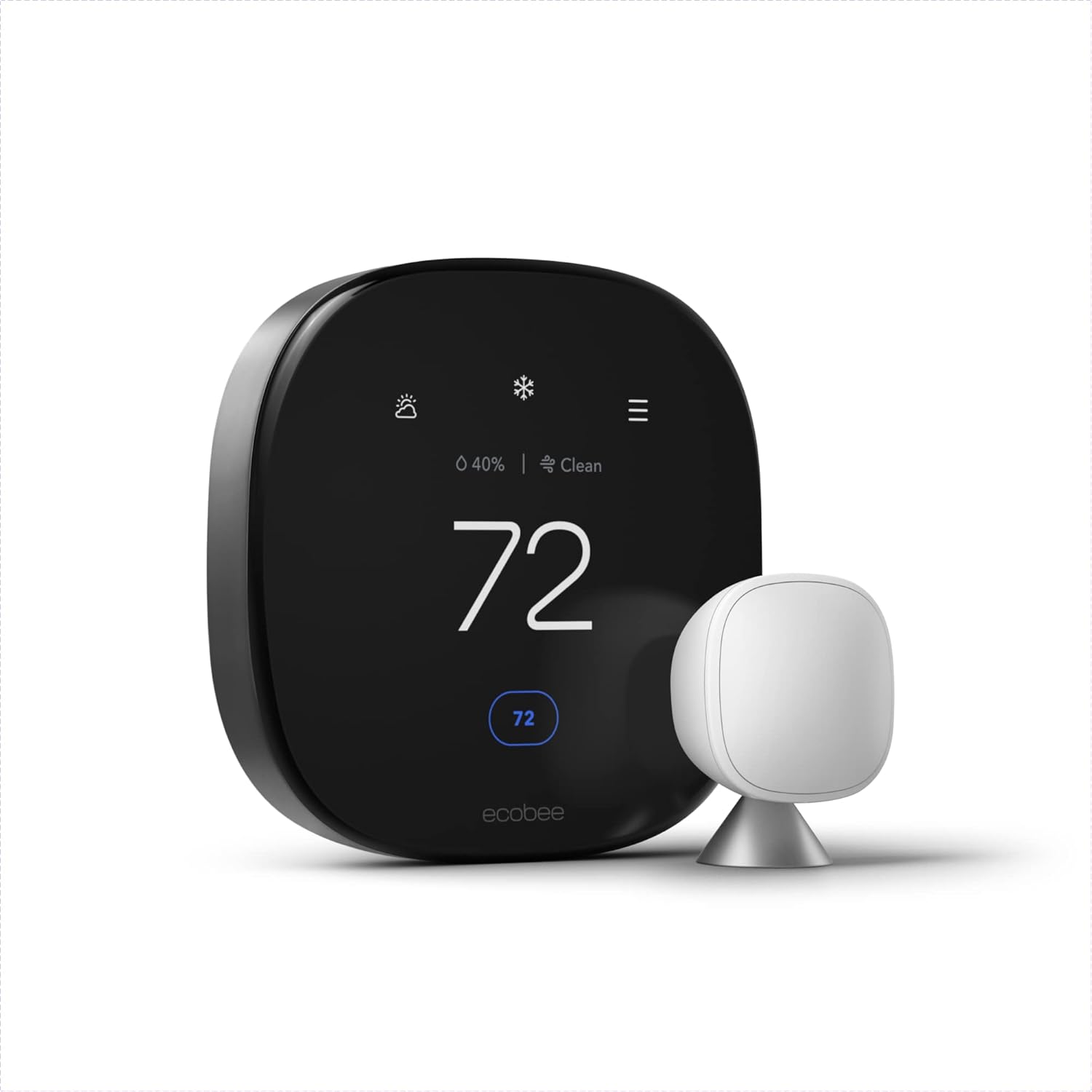 A black ecobee Smart Thermostat shows 72°F, 40% humidity, and "Clean" air quality, with a white sensor on a stand next to it.