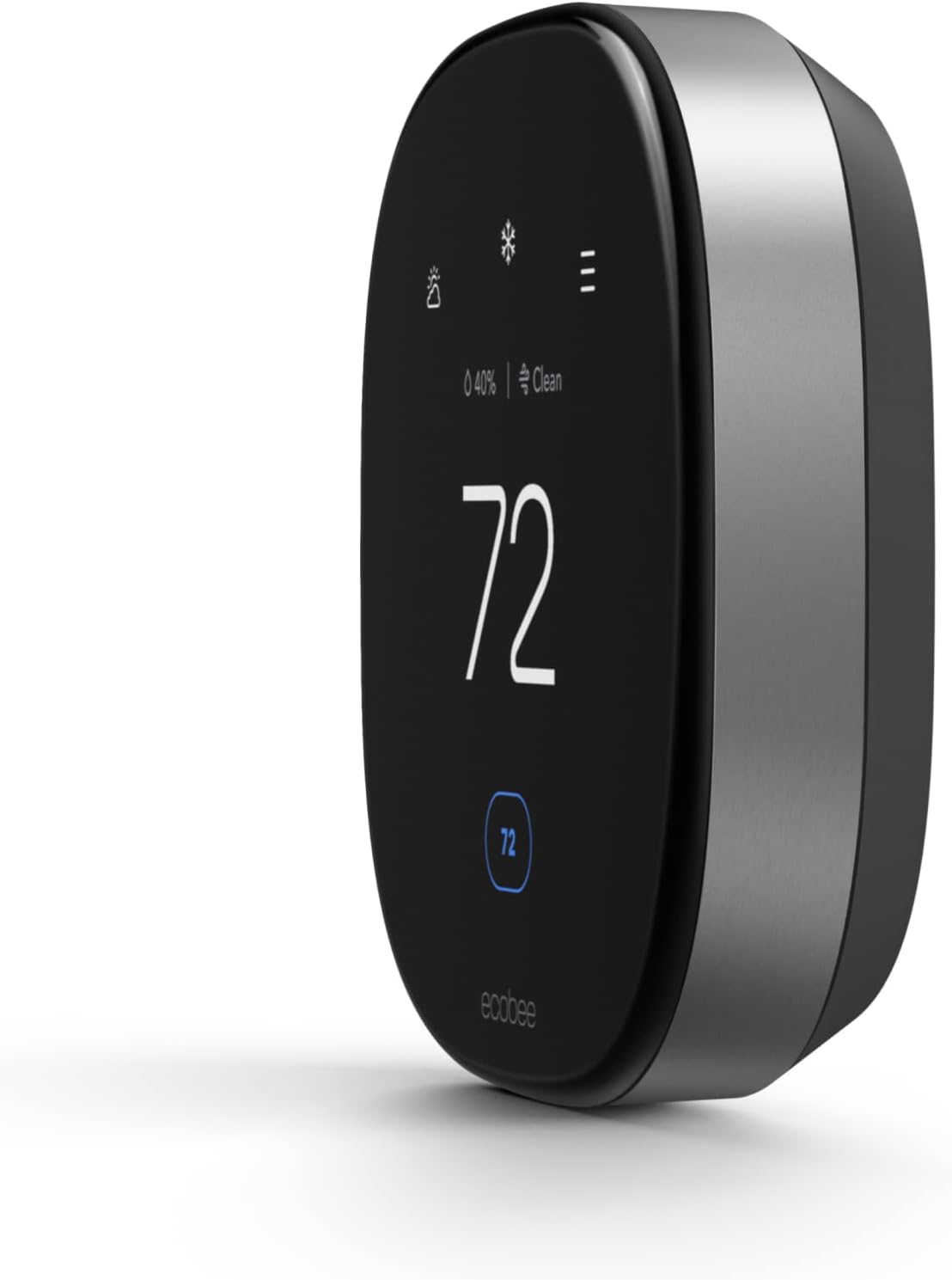 A side profile view of a black ecobee Smart Thermostat shows 72°F.