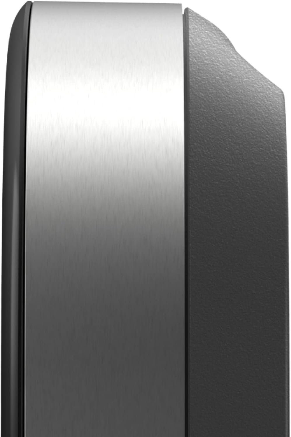 A super closeup of the corner edge of a black ecobee Smart Thermostat.