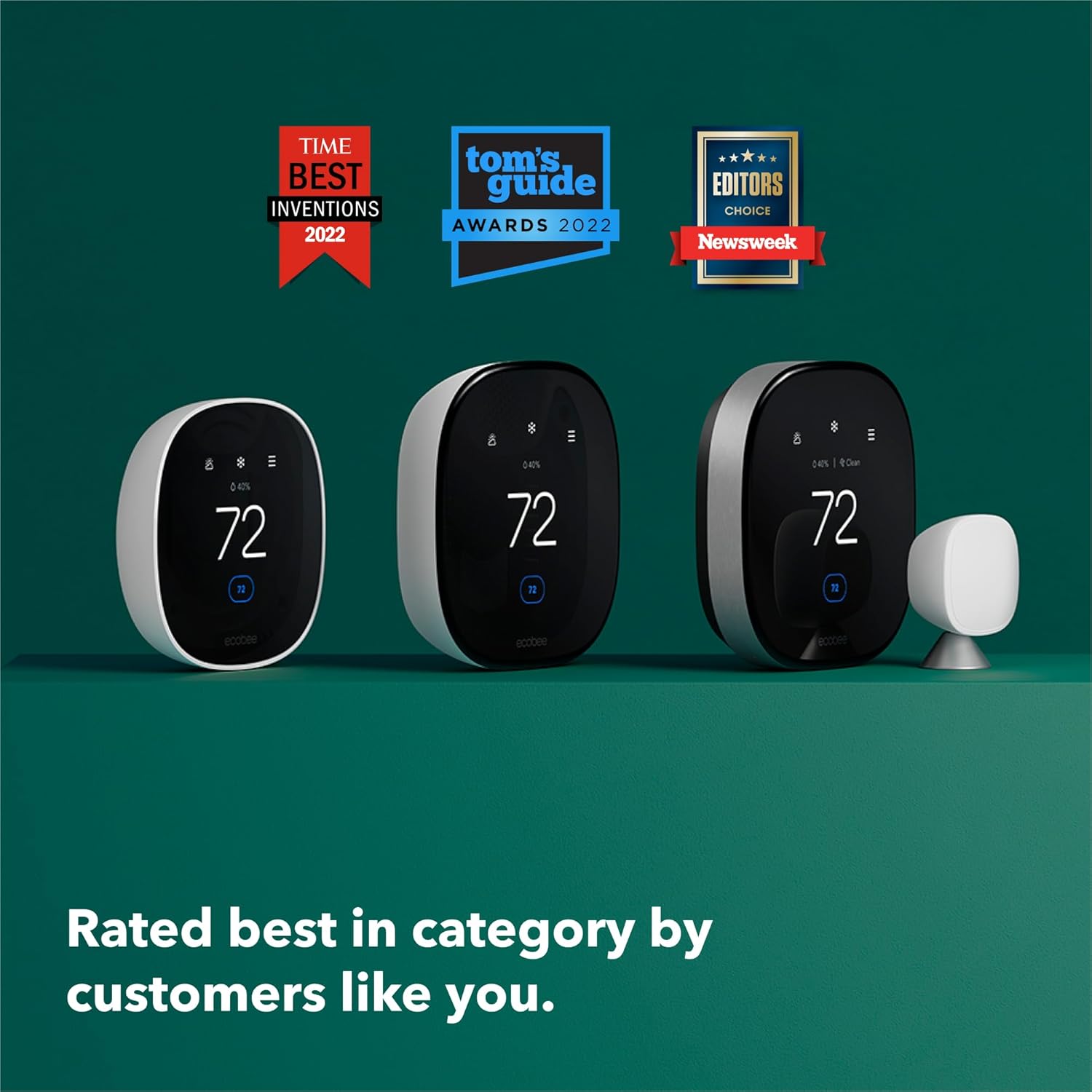 Three ecobee Smart Thermostats display 72°F, with a sensor, on a teal background. Awards from TIME, Tom's Guide, and Newsweek are above, with text "Rated best in category."