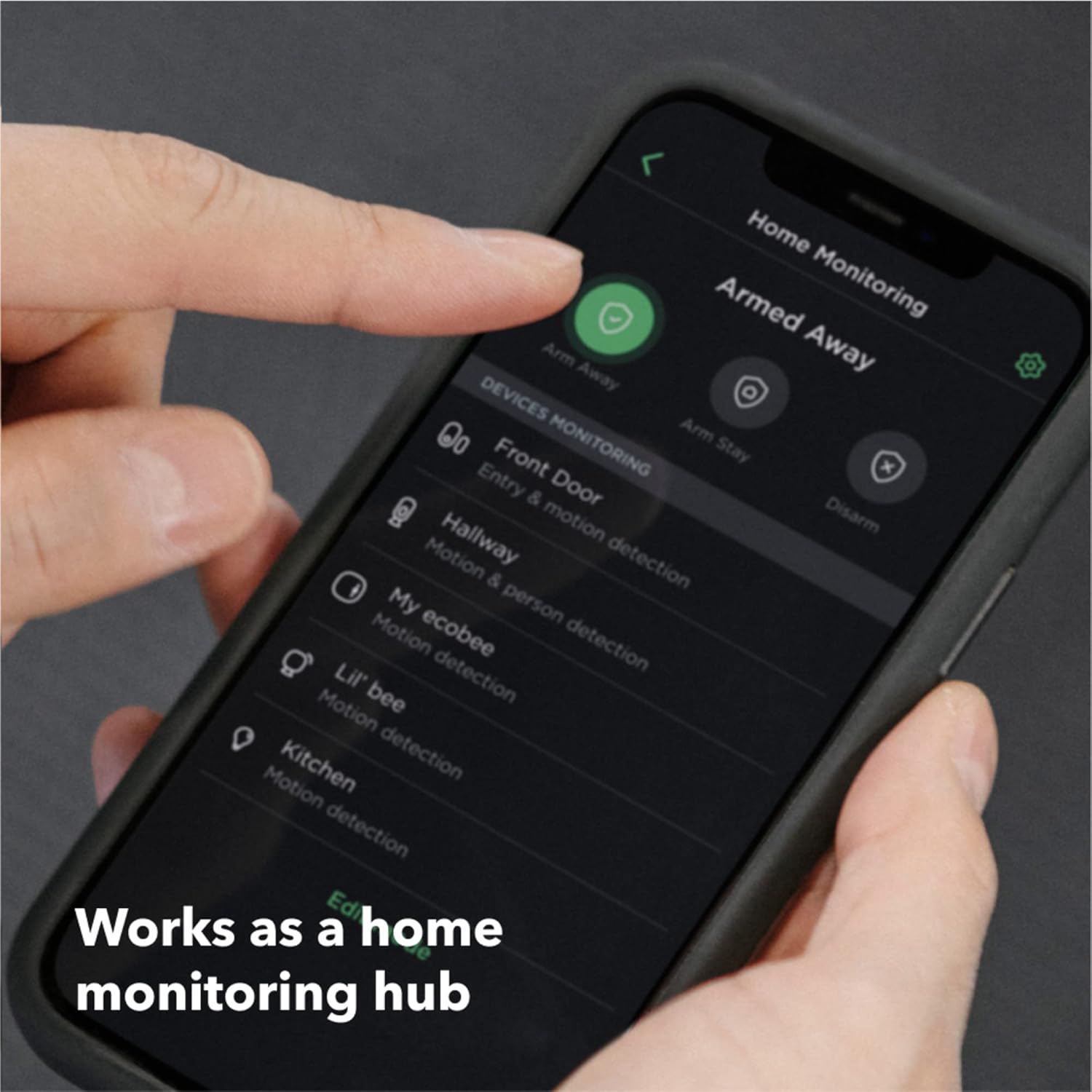 A hand taps a smartphone screen showing an ecobee app with "Home Monitoring" set to "Armed Away," listing devices like "Front Entry & Door." Text reads "Works as a home monitoring hub."