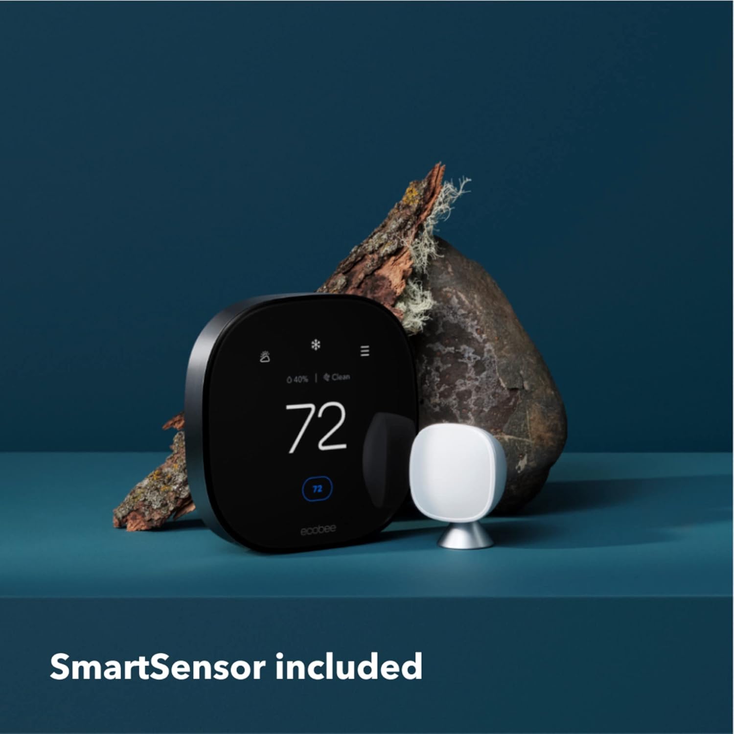 A black ecobee Smart Thermostat displays 72°F, 40% humidity, and "Clean" air quality, with a white SmartSensor on a stand and a rock on a teal background. Text reads "SmartSensor included."