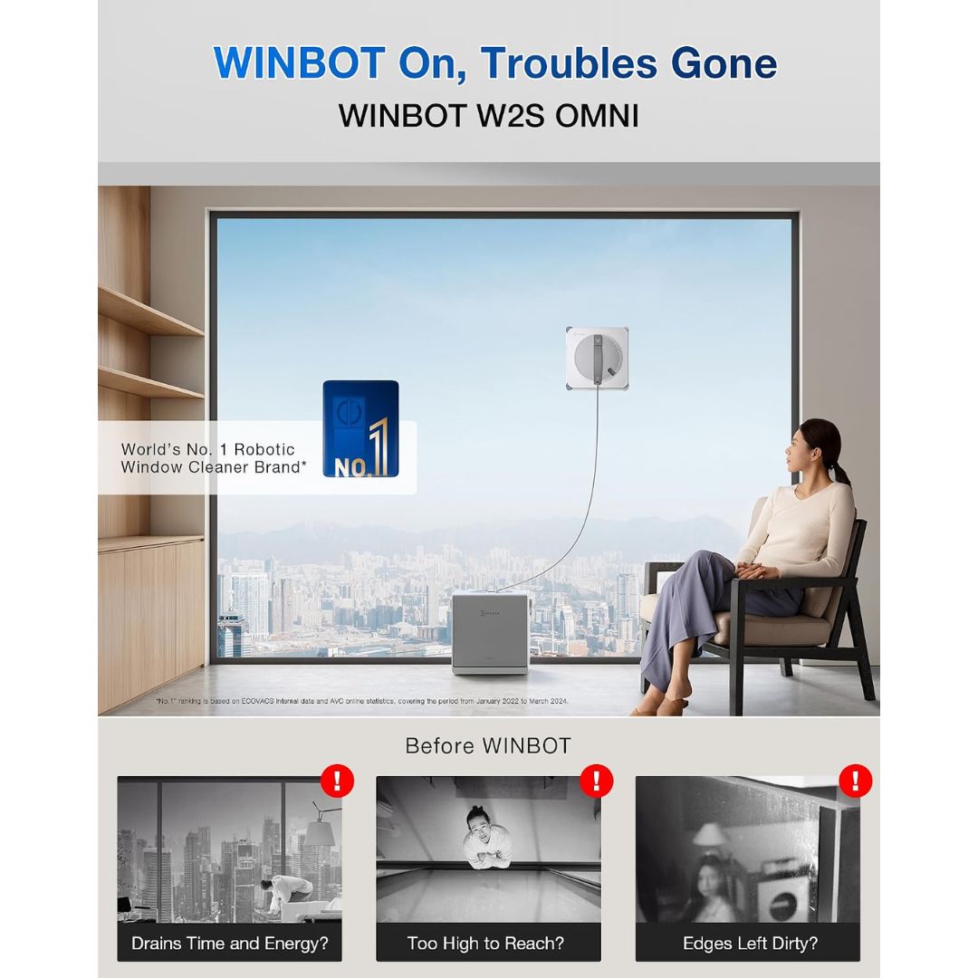 Advertisement for WINBOT W2S OMNI window cleaning robot with a woman sitting by a large window.