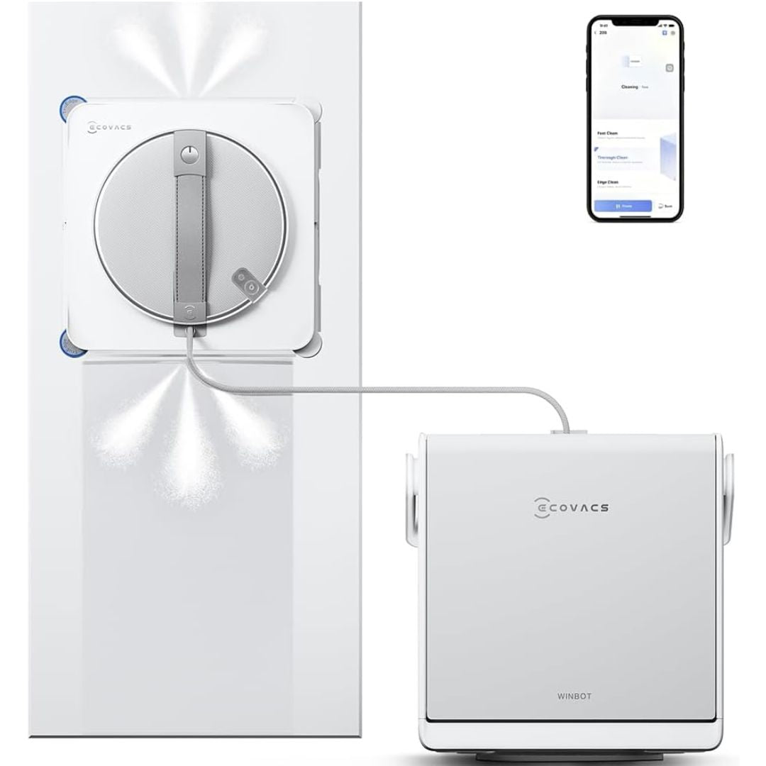 EcoVacs Winbot window cleaning system shown with a white robotic cleaner mounted on a glass pane, a separate white power unit, and a smartphone app screen inset on a clean white background.