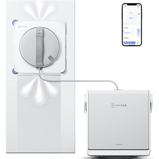 EcoVacs Winbot window cleaning system shown with a white robotic cleaner mounted on a glass pane, a separate white power unit, and a smartphone app screen inset on a clean white background.