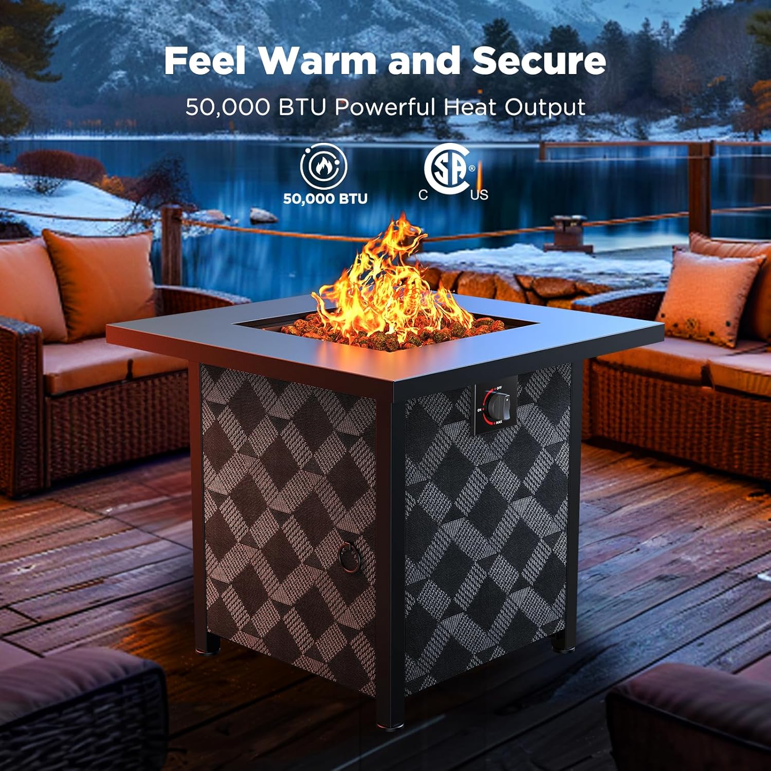 A smokeless fire pit with a plaid design burns brightly on a wooden patio, surrounded by cozy outdoor seating and a scenic mountain lake view.