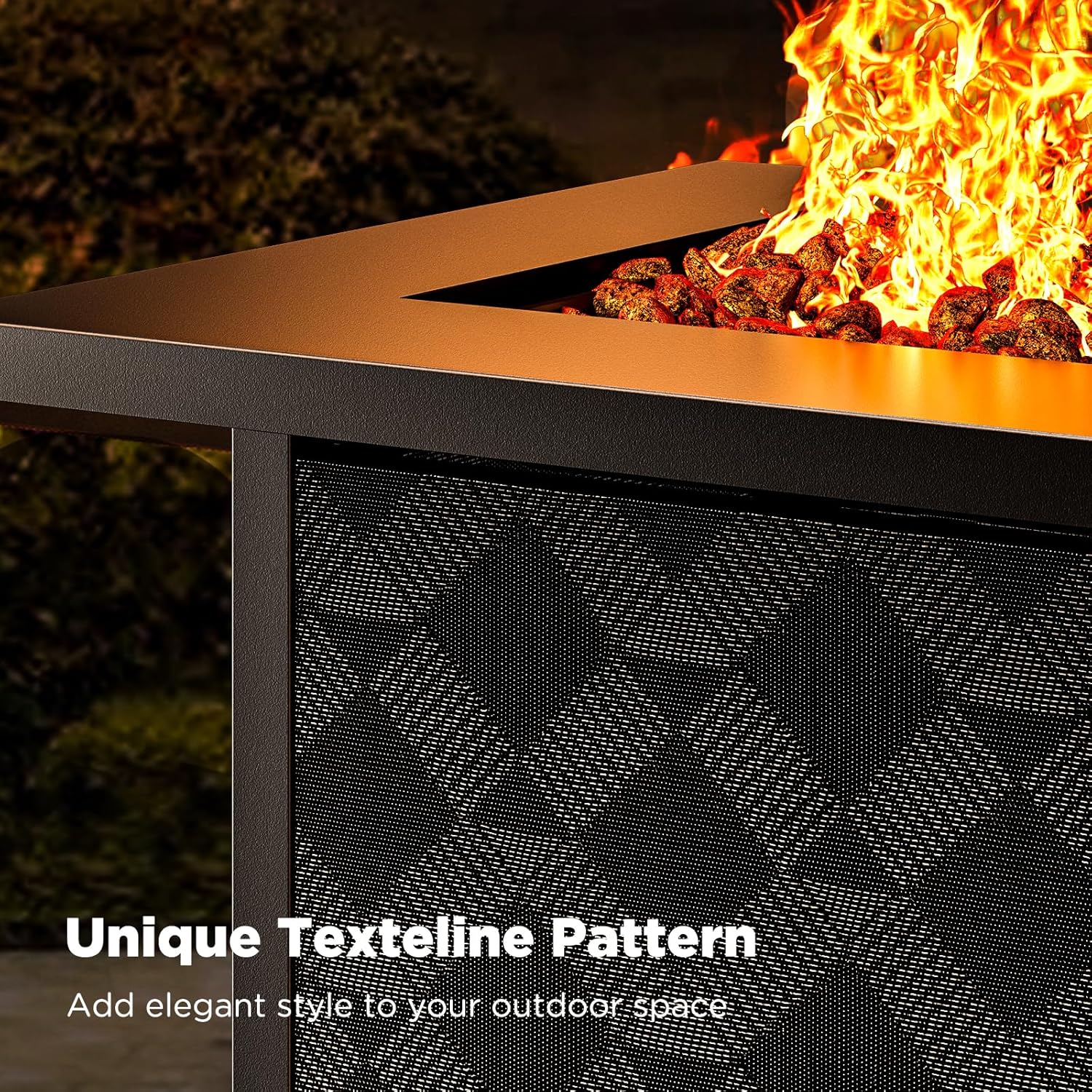 Close-up of a smokeless fire pit with flames rising, showcasing a diamond-patterned texteline design and sleek metal frame for outdoor elegance.