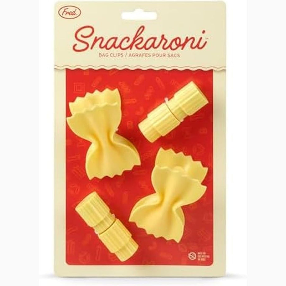 Set of four yellow pasta-shaped Snackaroni bag clips resembling farfalle bow ties and rigatoni tubes