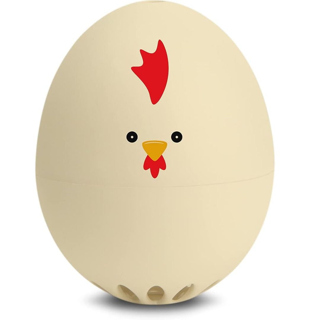 Beige egg-shaped egg cooker with a chicken face design on a white background