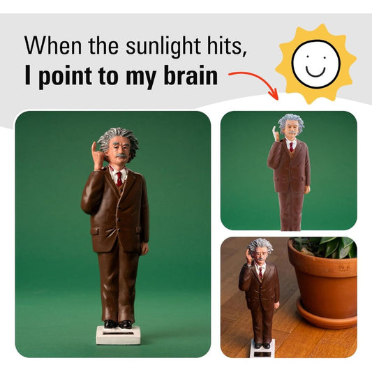 Figurine of Figurine of Albert Einstein in a suit pointing to his brain with text about sunlight and a smiley face icon.