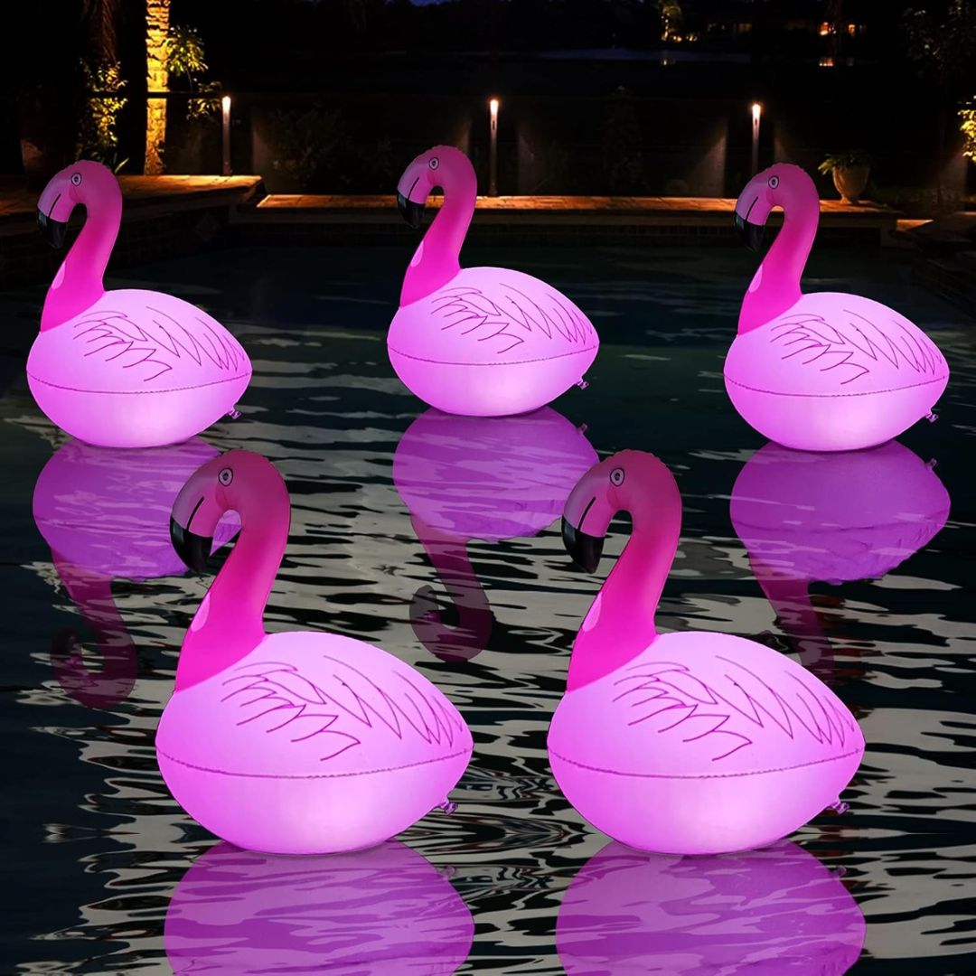 Solar powered pink flamingo floating pool light