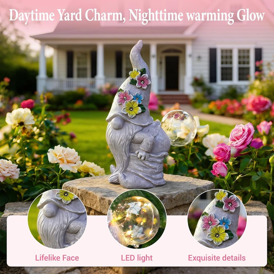Gnome statue with LED light in a garden setting with close up images of the gnomes features.