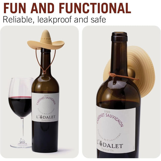 Wine bottle with a sombrero bottle stopper attached, next to a glass of red wine and another bottle with a sombrero on a white background.