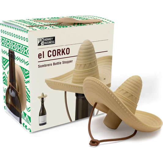 Sombrero-shaped bottle stopper with packaging on a white background