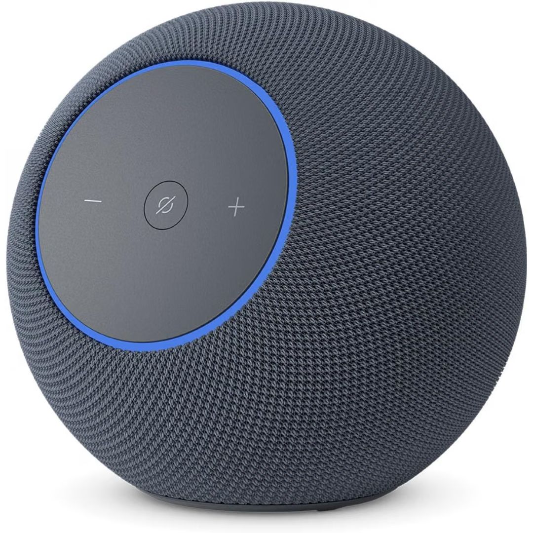 Round gray smart home speaker with control buttons on a white background