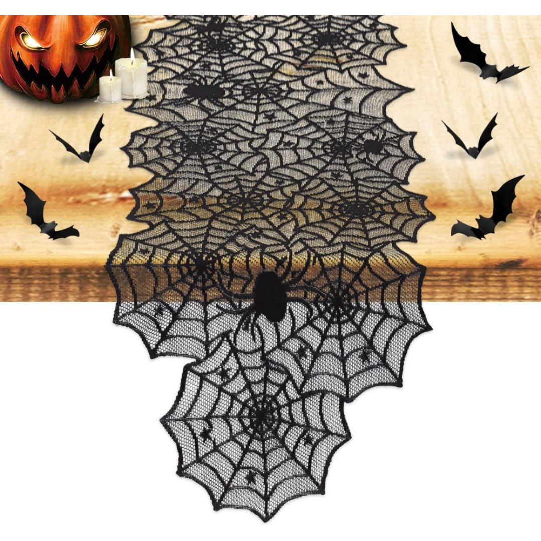 Spider web Halloween table runner.