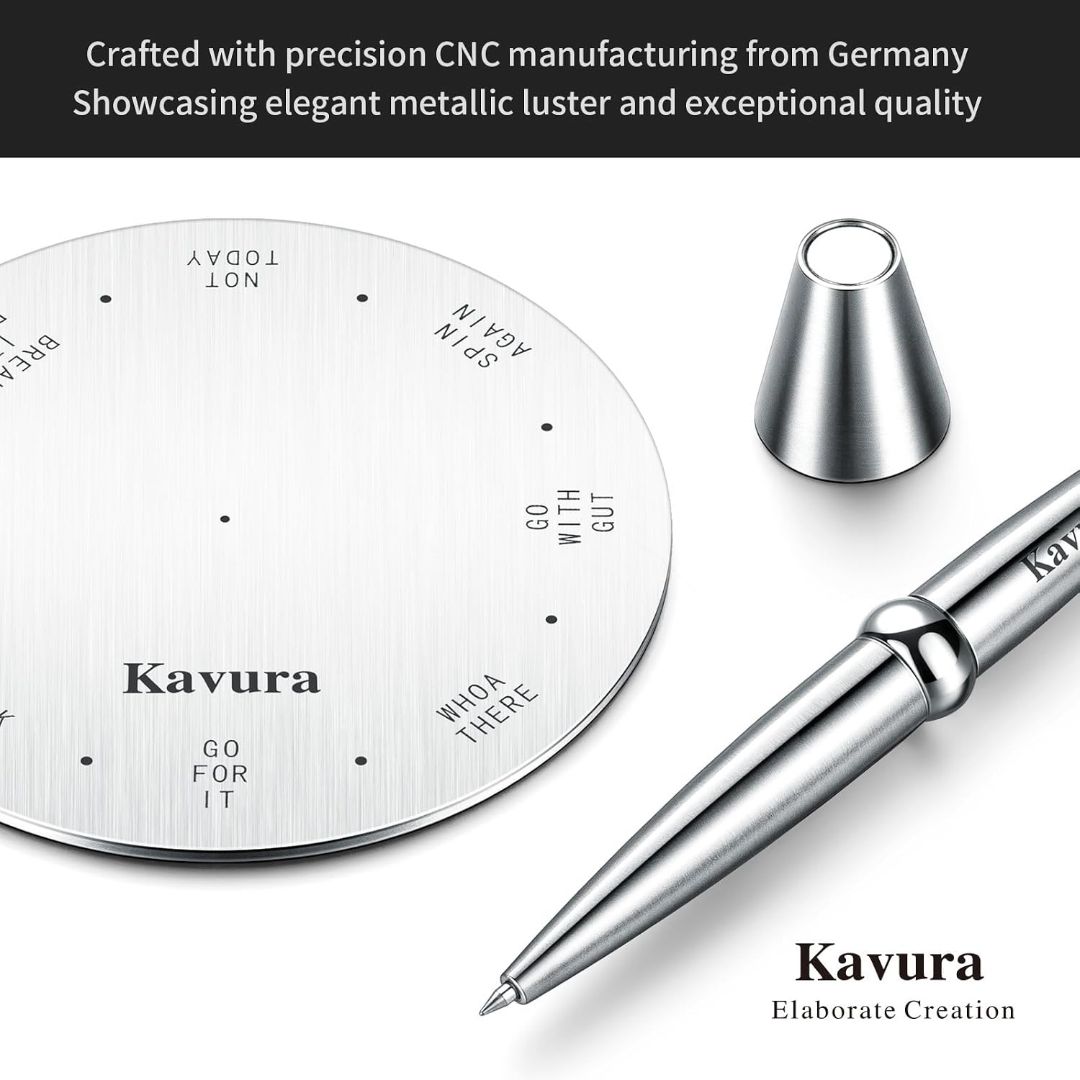 Stainless steel spinning decision maker pen with magnetic stand and engraved choice wheel for desk use