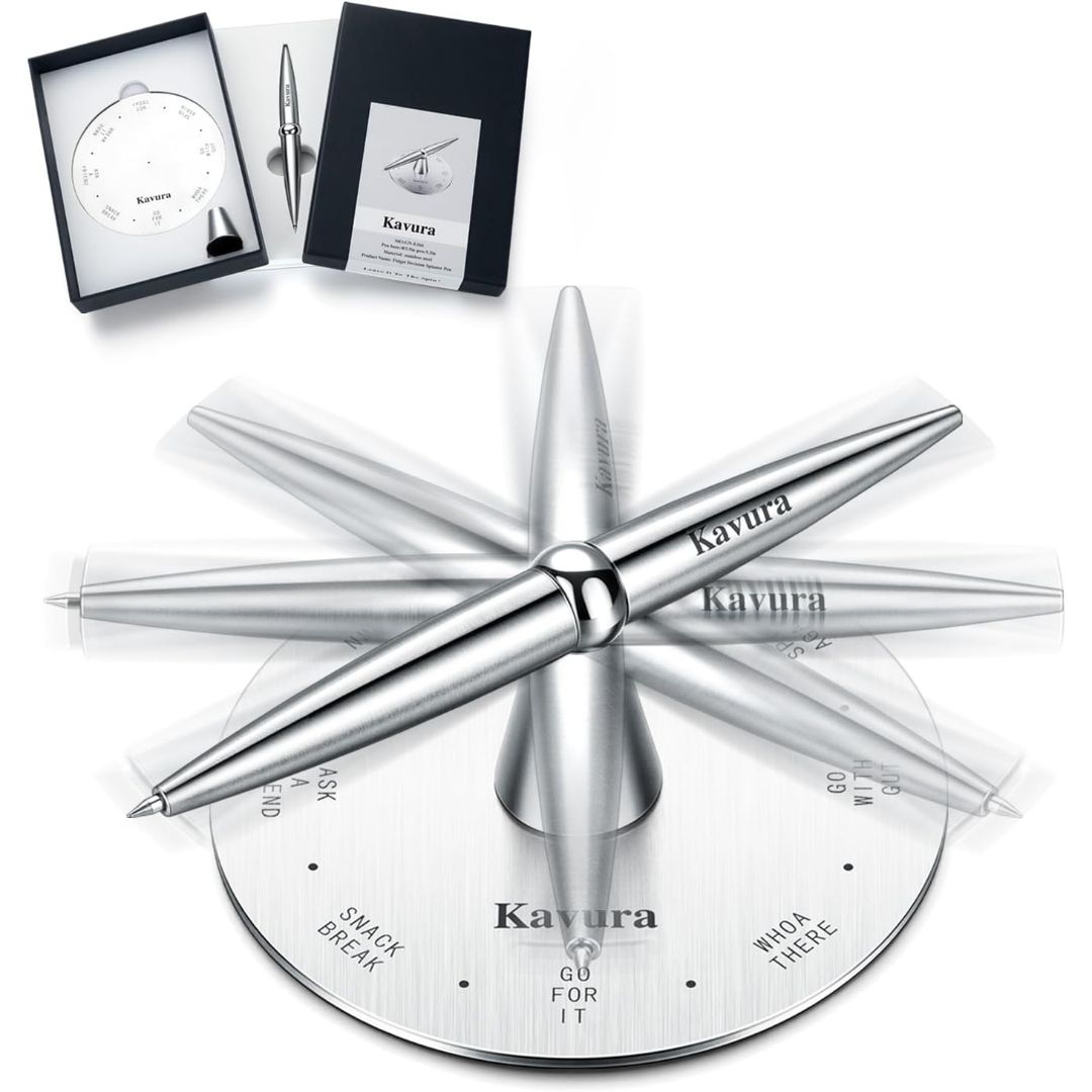 Magnetic spinning decision maker pen balancing over a circular choice wheel with gift box and accessories
