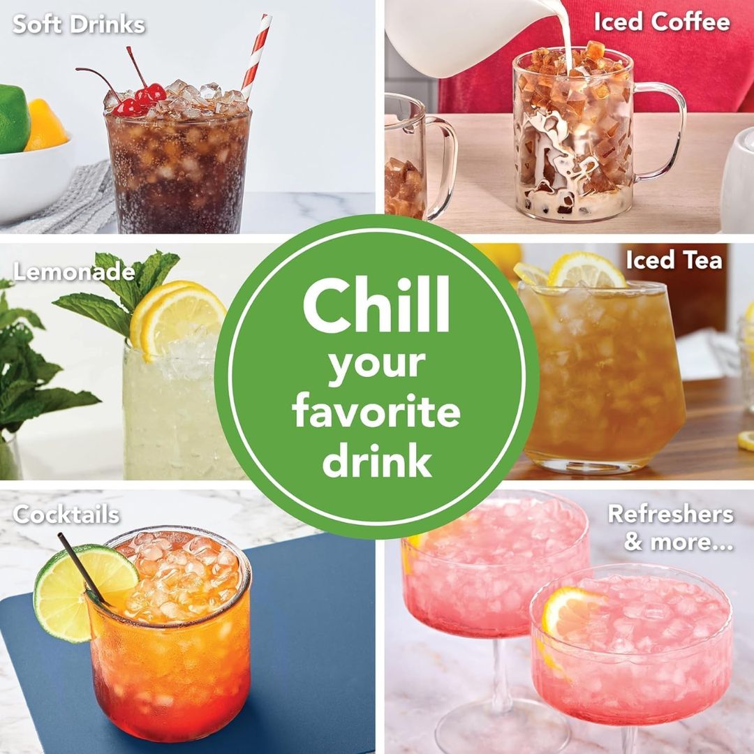 Collage of various drinks including soft drinks, iced coffee, lemonade, iced tea, cocktails, and refreshers with a 'Chill your favorite drink' text overlay.