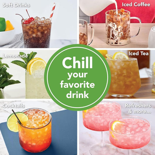Collage of various drinks including soft drinks, iced coffee, lemonade, iced tea, cocktails, and refreshers with a 'Chill your favorite drink' text overlay.
