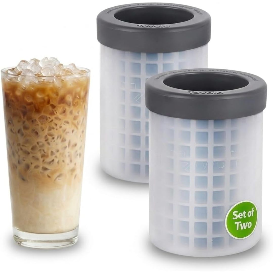 Two white square-grid mini ice canisters with dark gray lids, shown alongside a glass of iced coffee to demonstrate use. A green sticker on the front canister reads 'Set of Two'.