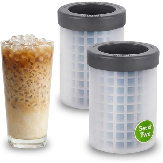 Two white square-grid mini ice canisters with dark gray lids, shown alongside a glass of iced coffee to demonstrate use. A green sticker on the front canister reads 'Set of Two'.
