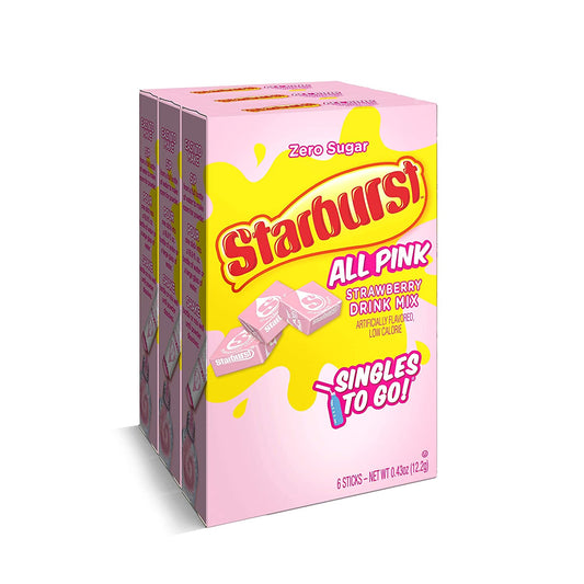 A box of Starburst singles to go powdered drink mix, all pink strawberry.