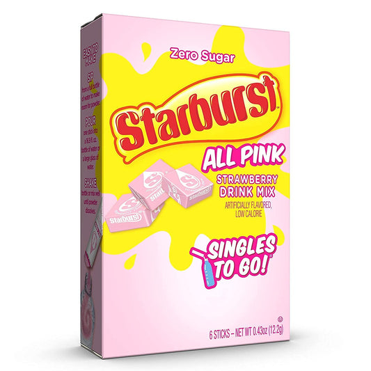 A box of Starburst singles to go powdered drink mix, all pink strawberry.