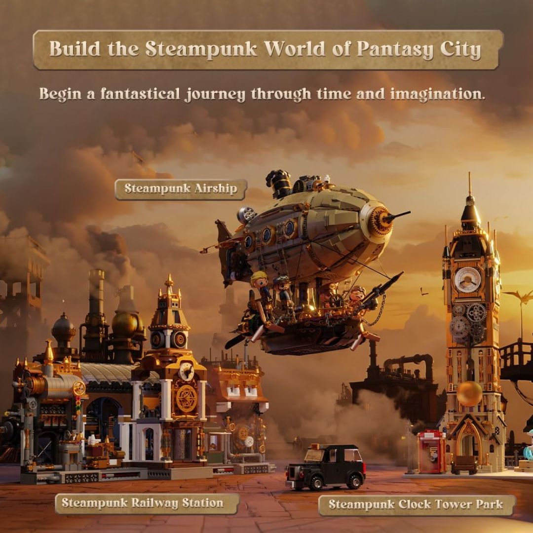Steampunk-themed cityscape with airship, railway station, and clock tower.