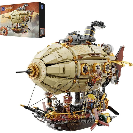 Steampunk-style building block model of a large airship or zeppelin with a beige hull, gold and brown mechanical details, and small character figures on deck, shown on a white background with the product box in the upper left.