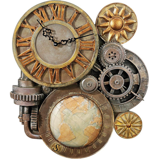 Steampunk-style clock with gears and world map on a white background