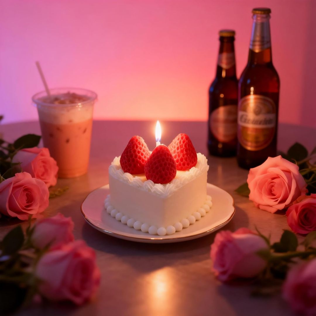 Small white cake shaped candle with wax strawberries and wax white frosting, surrounded by pink roses and two bottles of beer on a table.