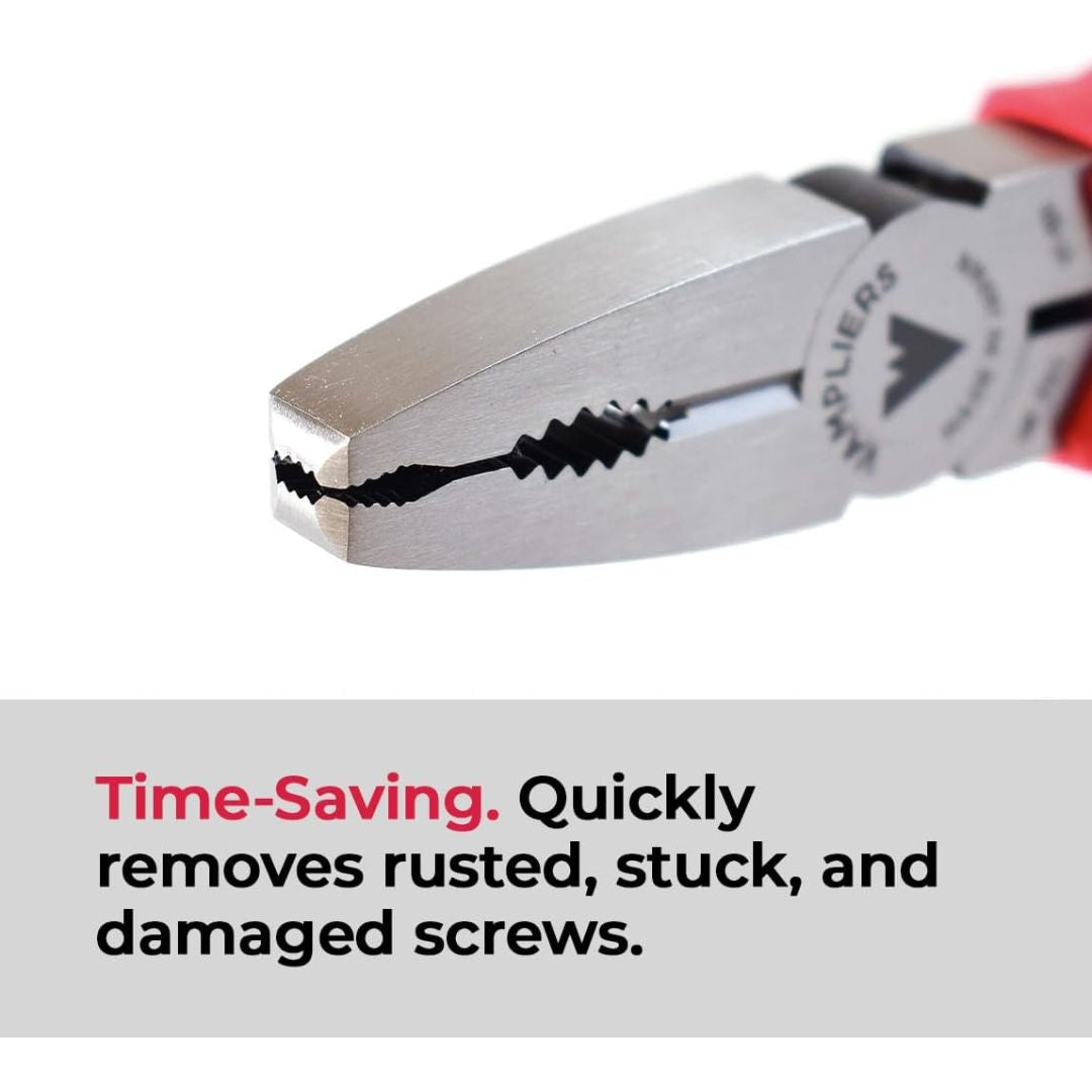 Close-up of a metal screw removal tool with a red handle, shown above a text banner that reads 'Time-Saving. Quickly removes rusted, stuck, and damaged screws.