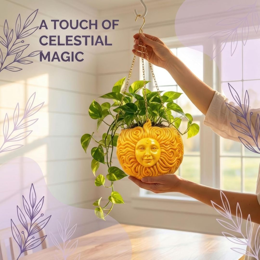 Hanging sun-shaped planter with green leaves, held by a hand in a bright room.