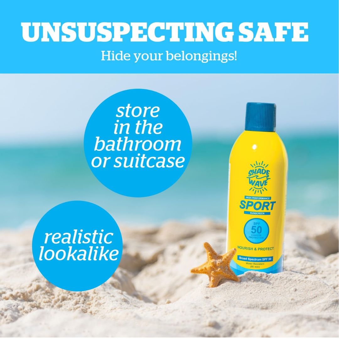 Sunscreen bottle on sand with ocean view, labeled 'Unsuspecting Safe' and 'Realistic Lookalike'.