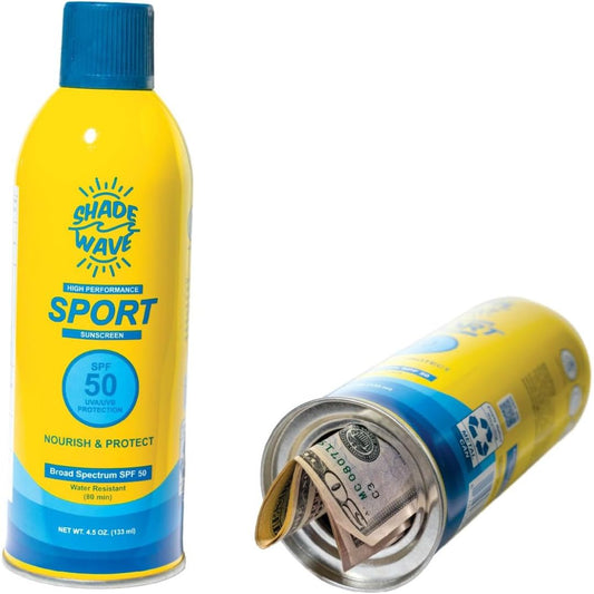 Shade Wave sunscreen hidden safe can with money inside on a white background