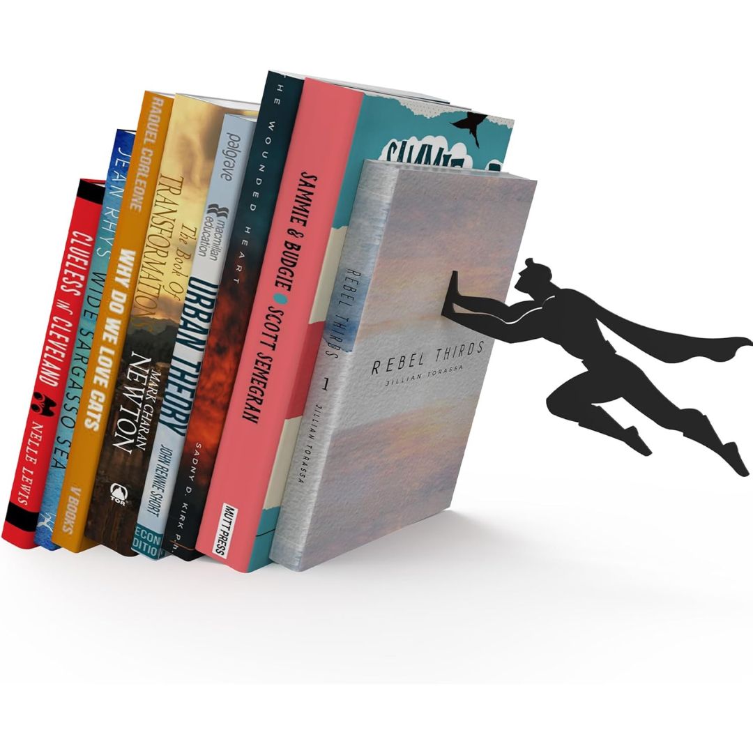A metal superhero bookend creating an illusion of holding up a row of books on a white background