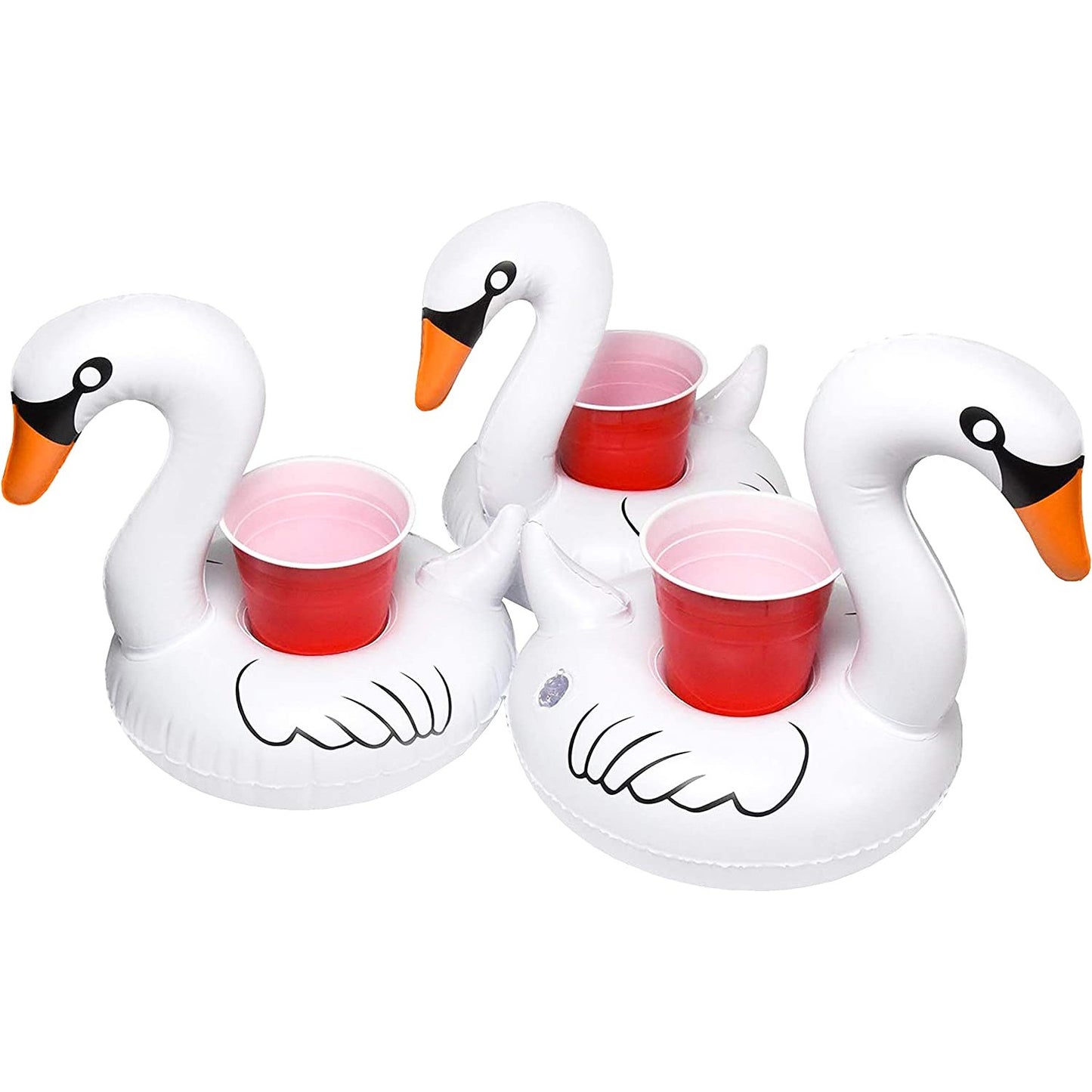 Three white swan-shaped drink floats with red cups in the holders.